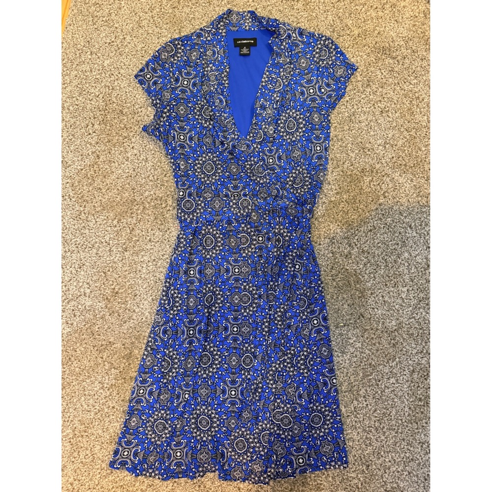 Liz Claiborne Blue White Medallion Print Faux Wrap Dress Cap Sleeve Medium